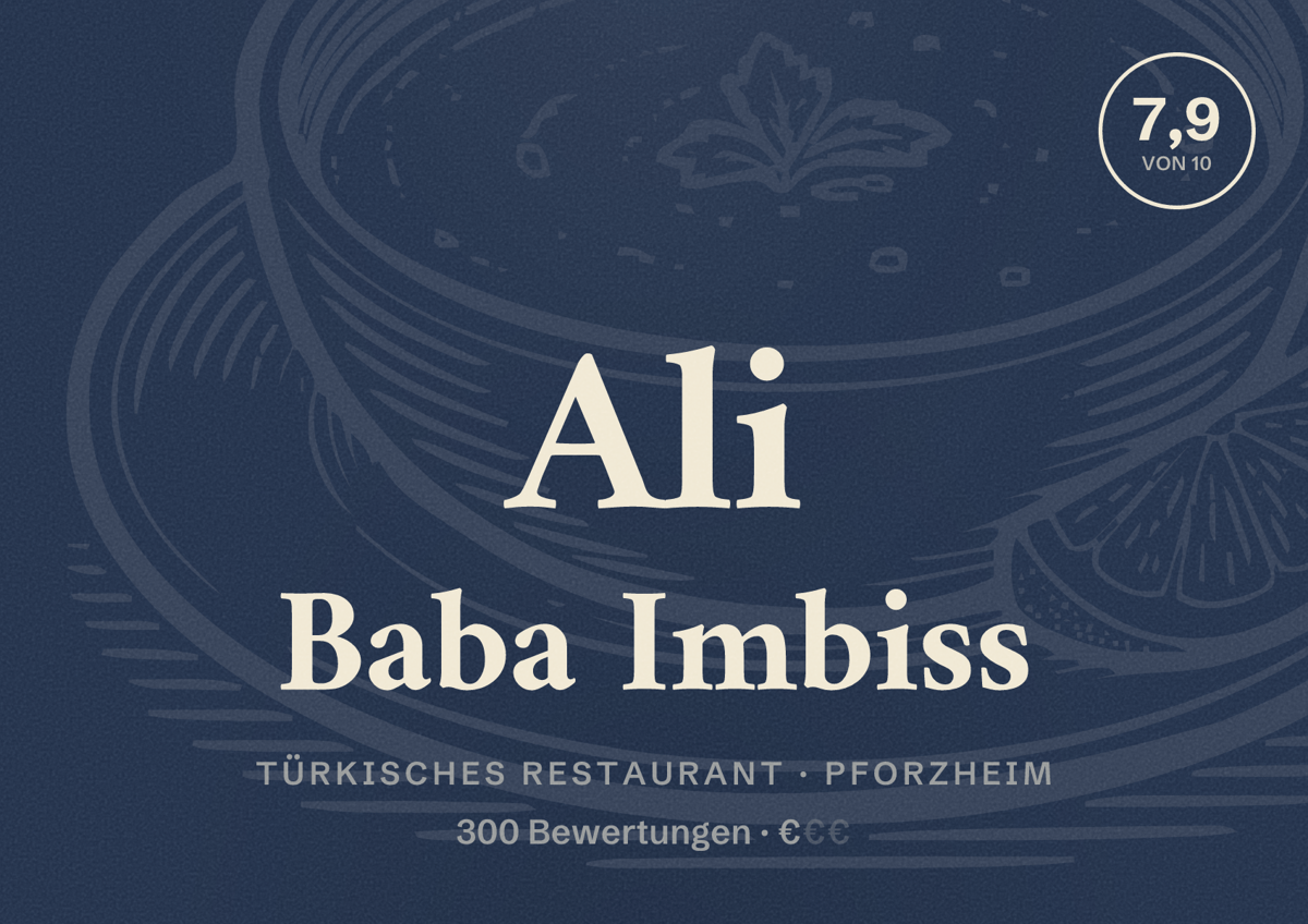 Illustriertes Poster von Ali Baba Imbiss, Türkisches Restaurant in Pforzheim: Bewertung 7,9 von 10 aus 300 Bewertungen, Preisniveau €