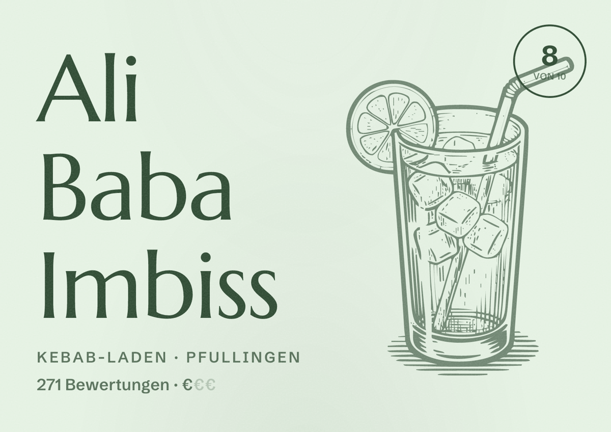 Illustriertes Poster von Ali Baba Imbiss, Kebab-Laden in Pfullingen: Bewertung 8 von 10 aus 271 Bewertungen, Preisniveau €
