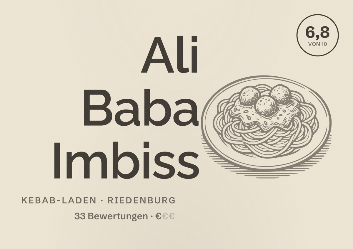 Illustriertes Poster von Ali Baba Imbiss, Kebab-Laden in Riedenburg: Bewertung 6,8 von 10 aus 33 Bewertungen, Preisniveau €