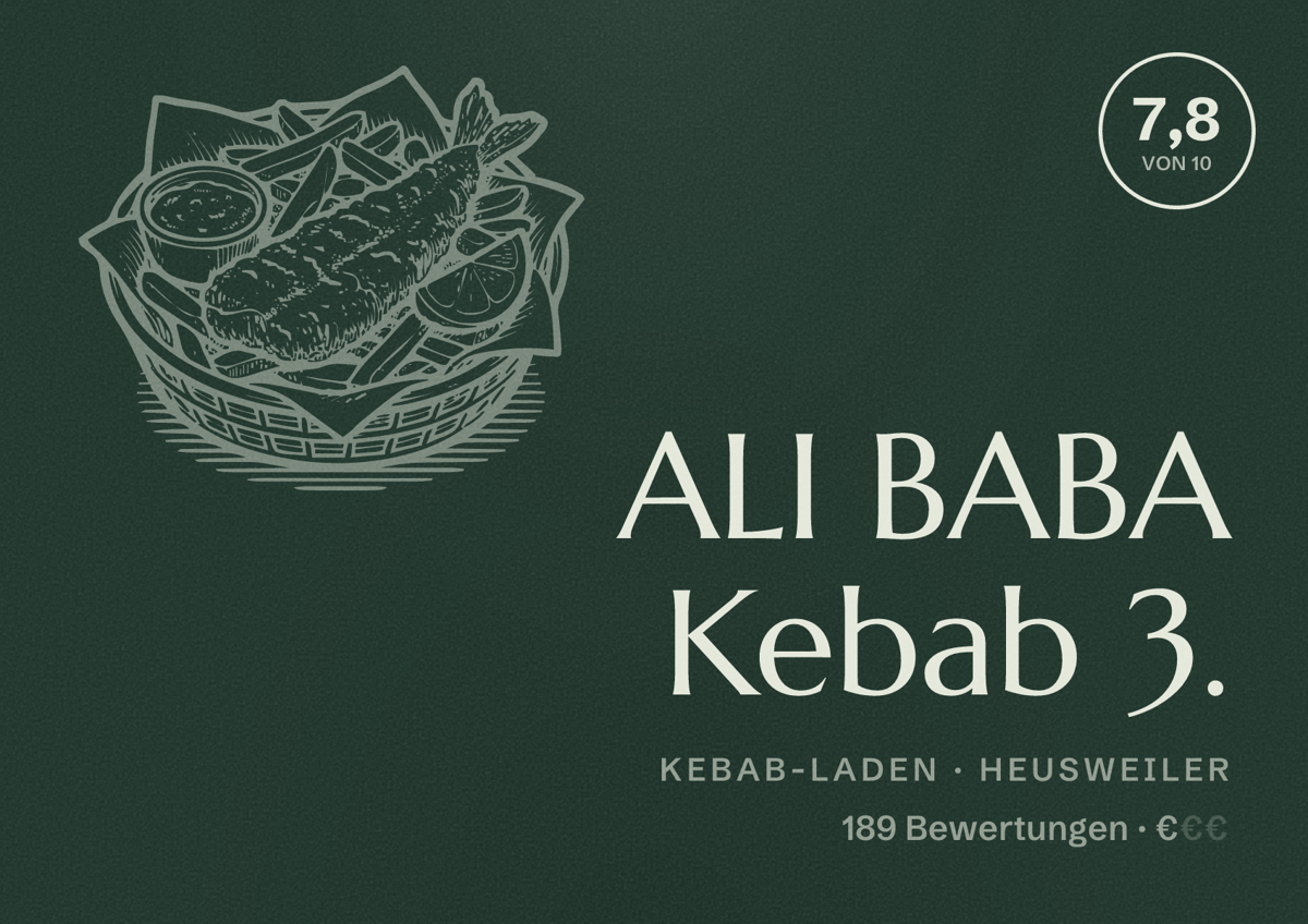 Illustriertes Poster von ALI BABA Kebab 3., Kebab-Laden in Heusweiler: Bewertung 7,8 von 10 aus 189 Bewertungen, Preisniveau €