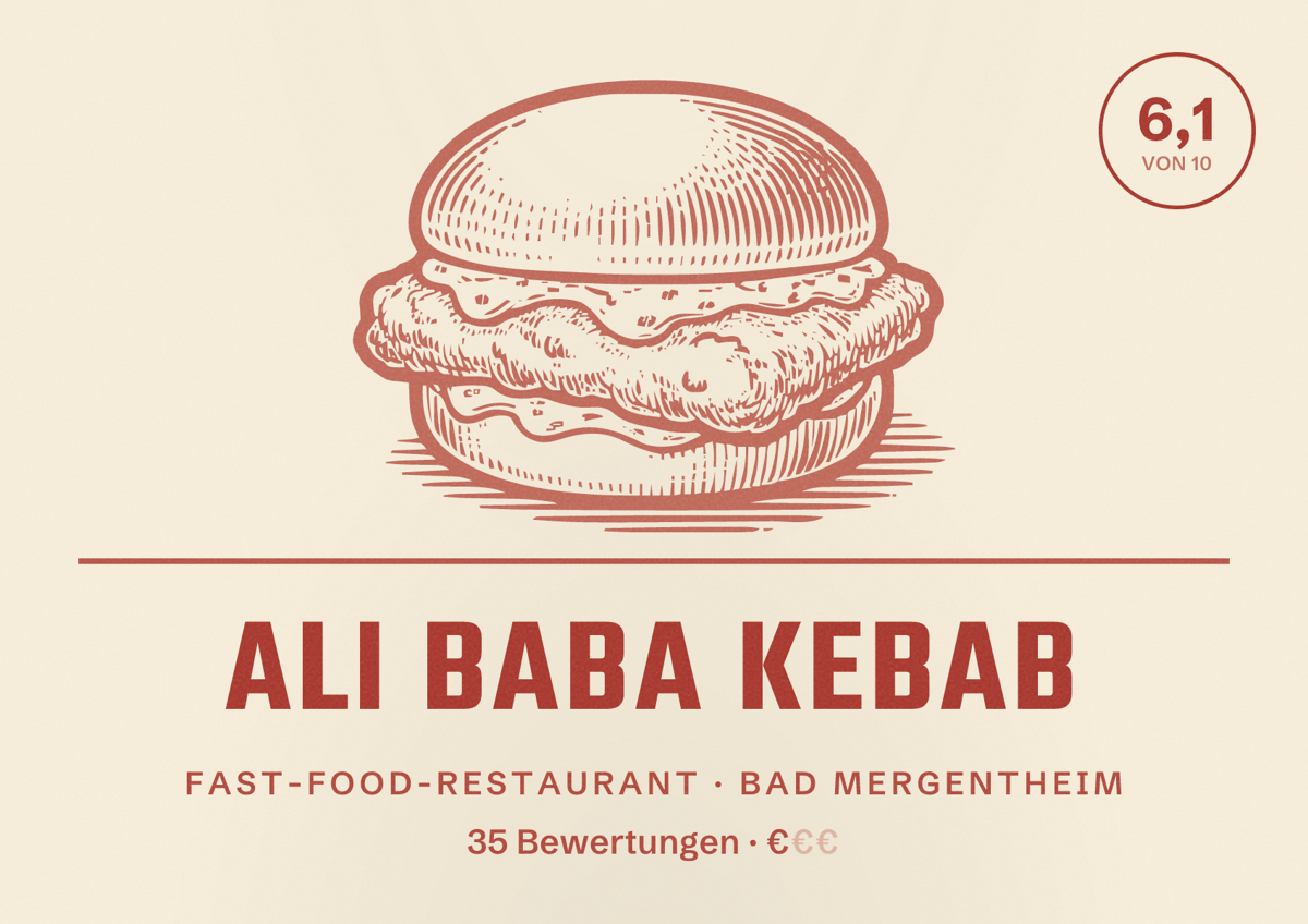 Illustriertes Poster von Ali Baba Kebab, Fast-Food-Restaurant in Bad Mergentheim: Bewertung 6,1 von 10 aus 35 Bewertungen, Preisniveau €