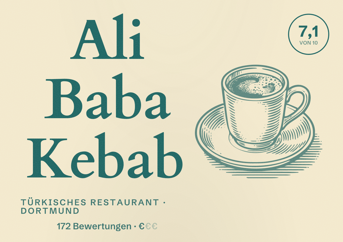 Illustriertes Poster von Ali Baba Kebab, Türkisches Restaurant in Dortmund: Bewertung 7,1 von 10 aus 172 Bewertungen, Preisniveau €