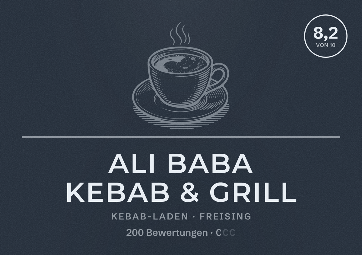 Illustriertes Poster von Ali Baba Kebab & Grill, Kebab-Laden in Freising: Bewertung 8,2 von 10 aus 200 Bewertungen, Preisniveau €