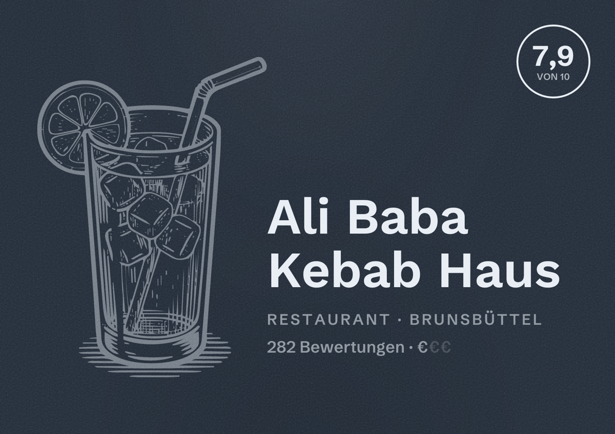 Illustriertes Poster von Ali Baba Kebab Haus, Restaurant in Brunsbüttel: Bewertung 7,9 von 10 aus 282 Bewertungen, Preisniveau €