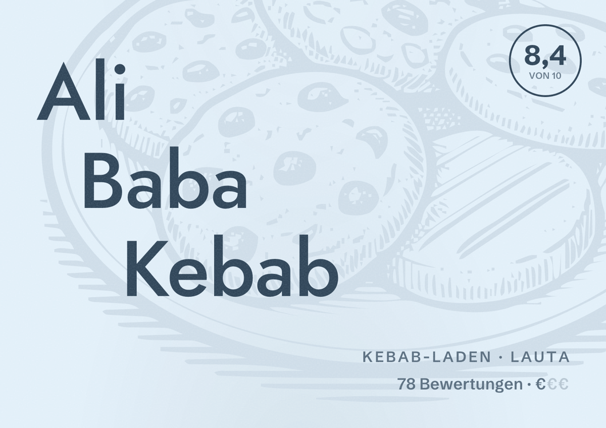 Illustriertes Poster von Ali Baba Kebab, Kebab-Laden in Lauta: Bewertung 8,4 von 10 aus 78 Bewertungen, Preisniveau €