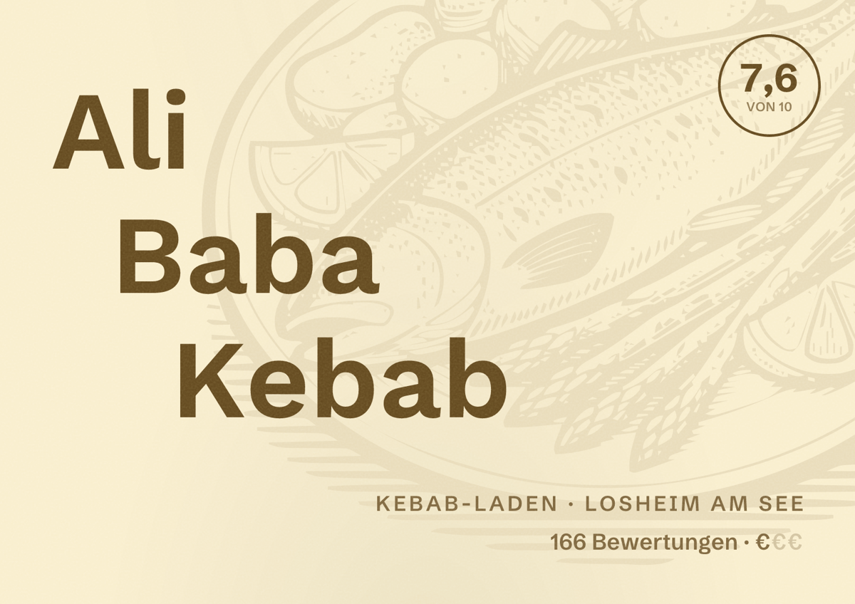 Illustriertes Poster von Ali Baba Kebab, Kebab-Laden in Losheim am See: Bewertung 7,6 von 10 aus 166 Bewertungen, Preisniveau €