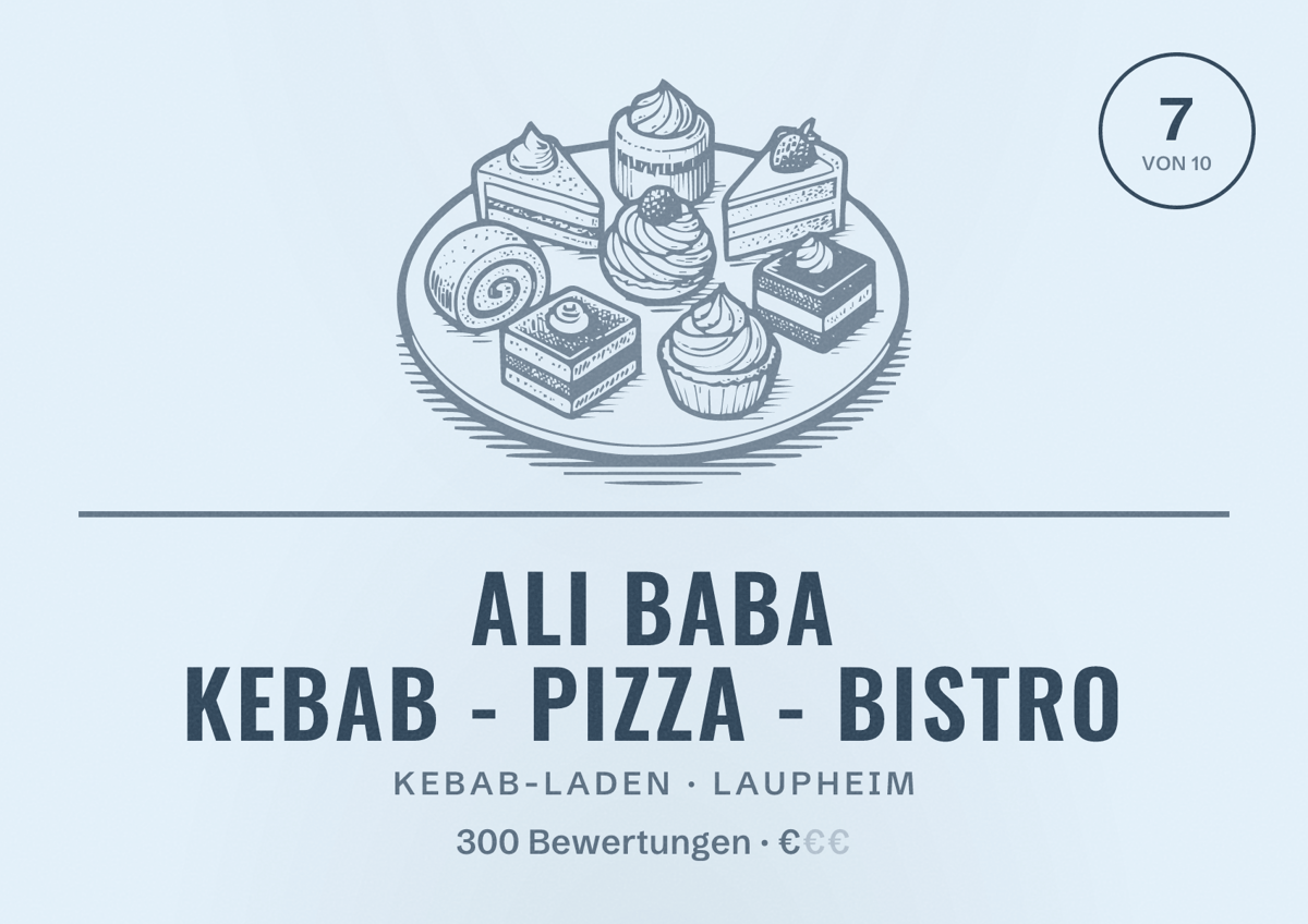 Illustriertes Poster von Ali Baba Kebab - Pizza - Bistro, Kebab-Laden in Laupheim: Bewertung 7 von 10 aus 300 Bewertungen, Preisniveau €