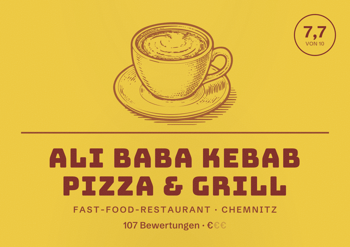 Illustriertes Poster von Ali Baba Kebab Pizza & Grill, Fast-Food-Restaurant in Chemnitz: Bewertung 7,7 von 10 aus 107 Bewertungen, Preisniveau €