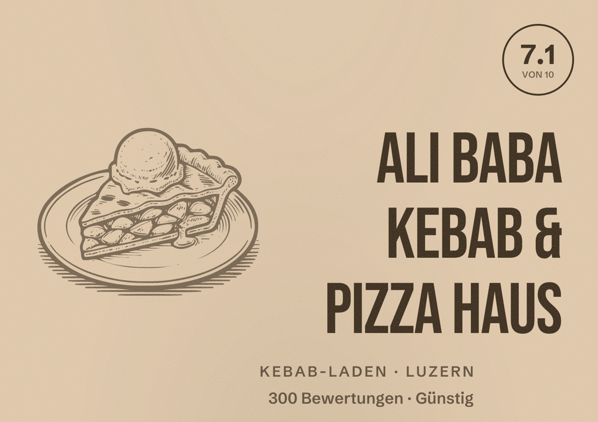 Illustriertes Poster von Ali Baba Kebab & Pizza Haus, Kebab-Laden in Luzern: Bewertung 7.1 von 10 aus 300 Bewertungen, Preisniveau Günstig