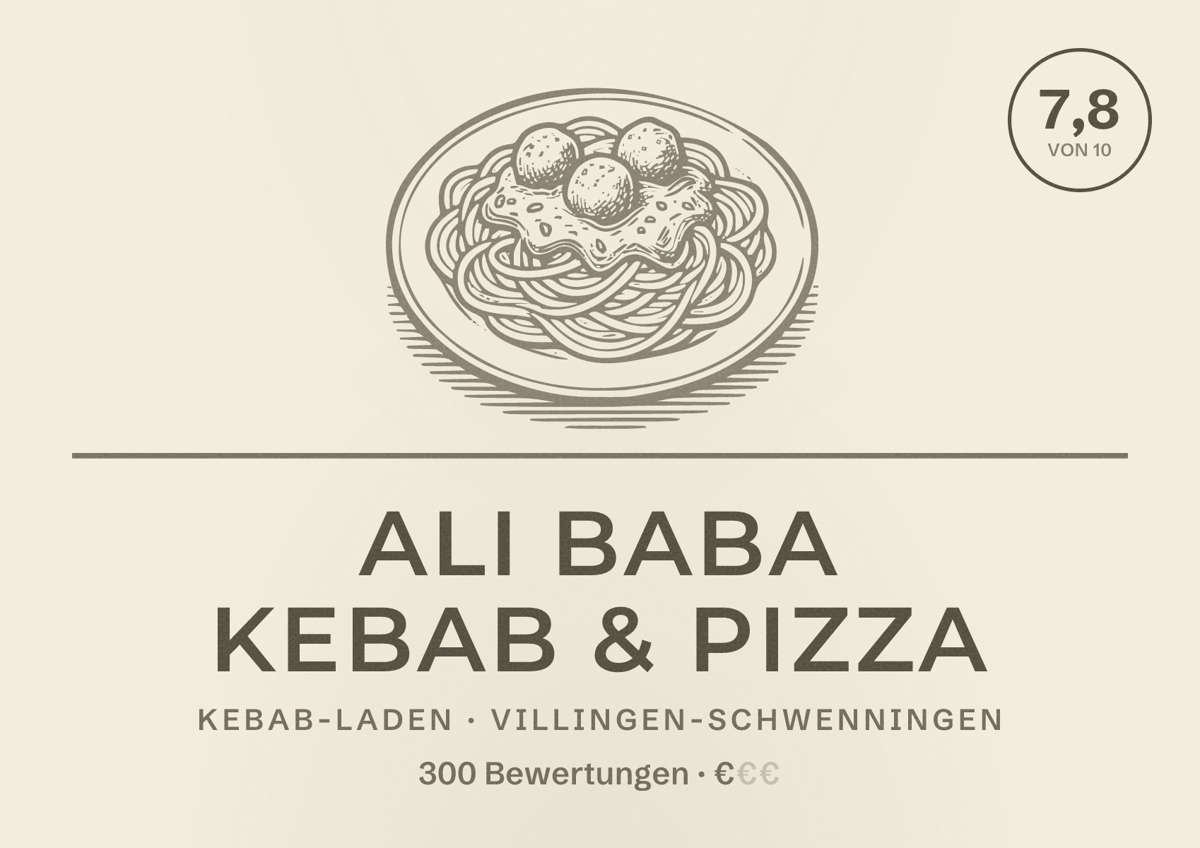 Illustriertes Poster von Ali Baba Kebab & Pizza, Kebab-Laden in Villingen-Schwenningen: Bewertung 7,8 von 10 aus 300 Bewertungen, Preisniveau €