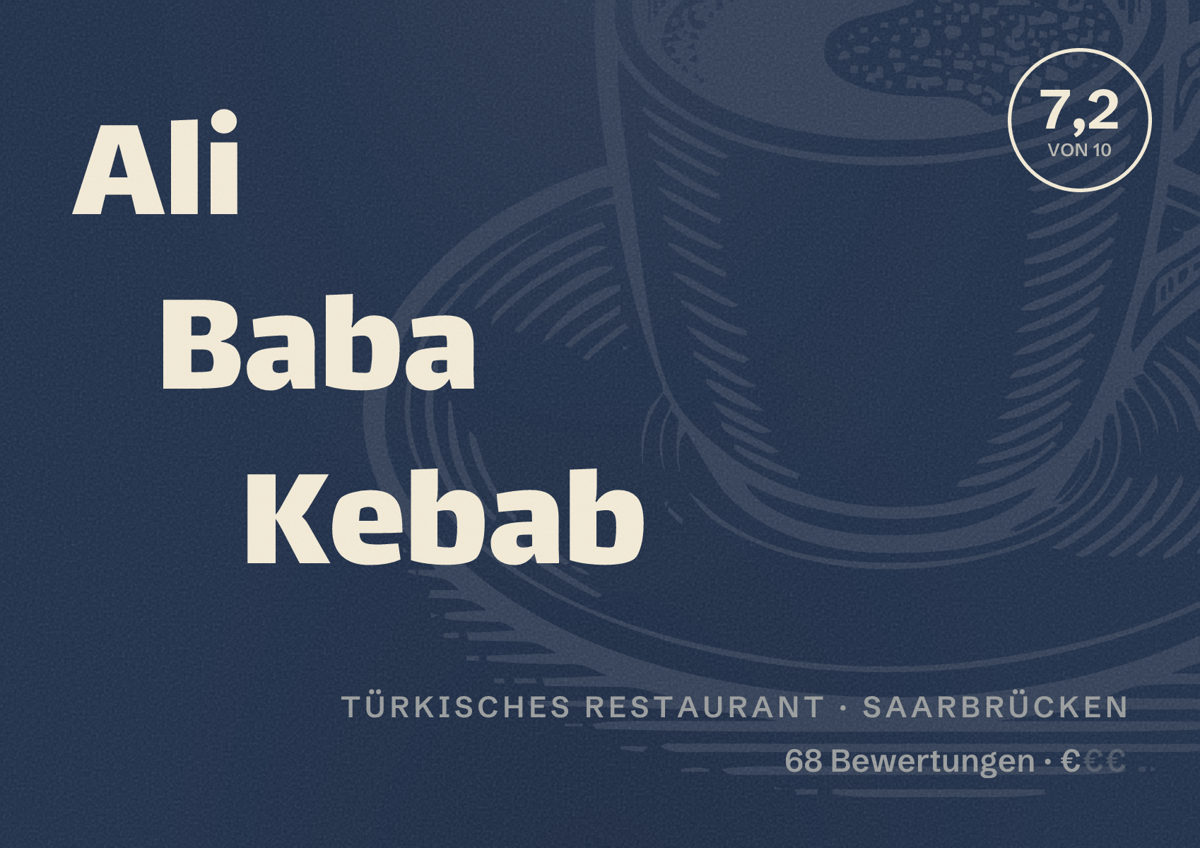 Illustriertes Poster von Ali Baba Kebab, Türkisches Restaurant in Saarbrücken: Bewertung 7,2 von 10 aus 68 Bewertungen, Preisniveau €