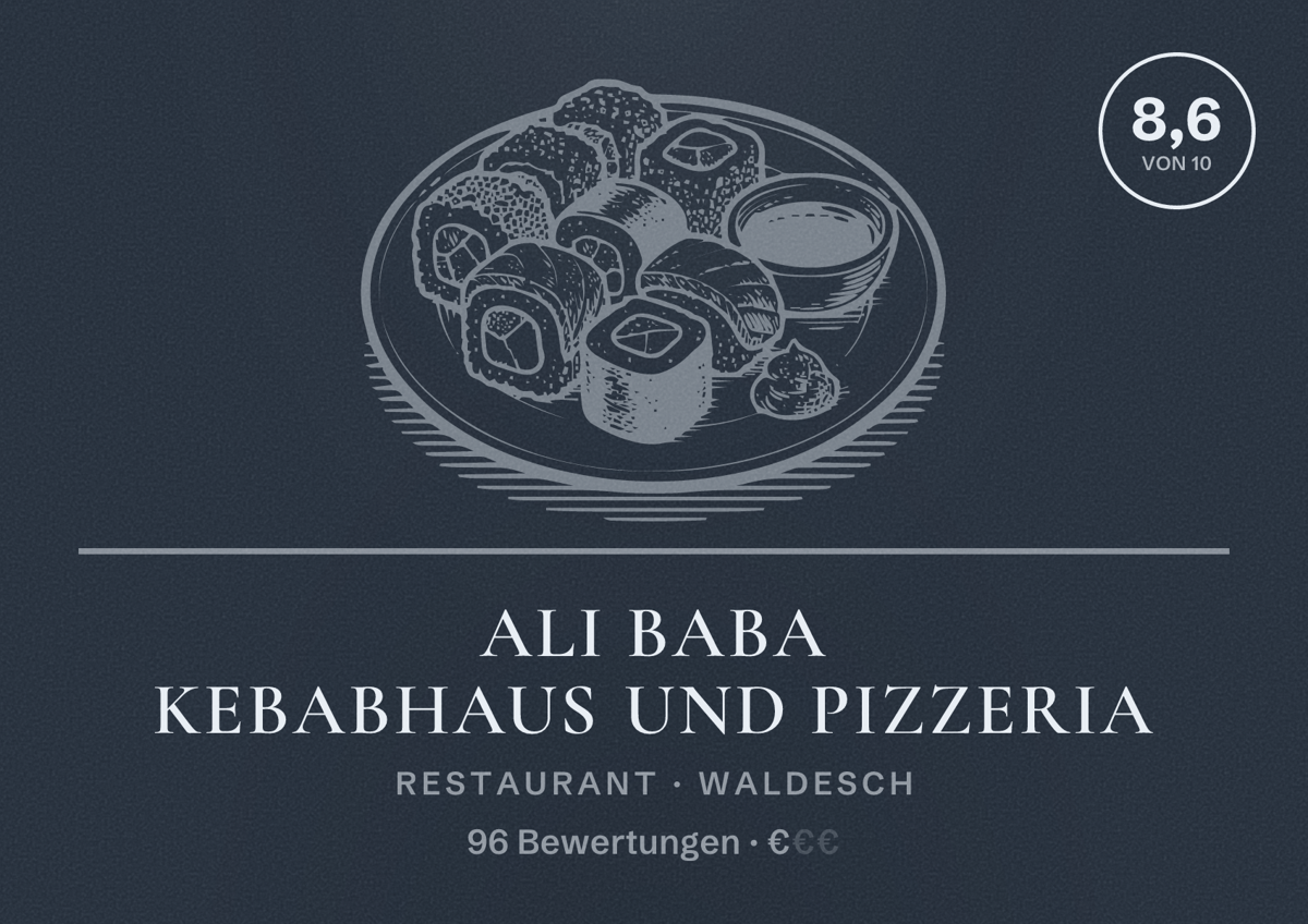 Illustriertes Poster von Ali Baba Kebabhaus und Pizzeria, Restaurant in Waldesch: Bewertung 8,6 von 10 aus 96 Bewertungen, Preisniveau €