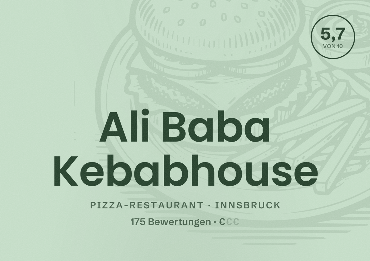 Illustriertes Poster von Ali Baba Kebabhouse, Pizza-Restaurant in Innsbruck: Bewertung 5,7 von 10 aus 175 Bewertungen, Preisniveau €