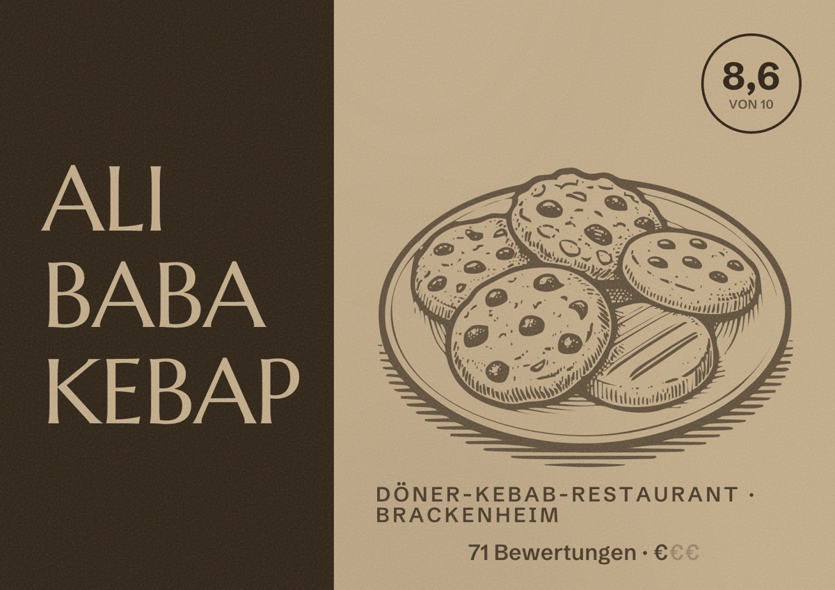 Illustriertes Poster von ALI BABA KEBAP, Döner-Kebab-Restaurant in Brackenheim: Bewertung 8,6 von 10 aus 71 Bewertungen, Preisniveau €