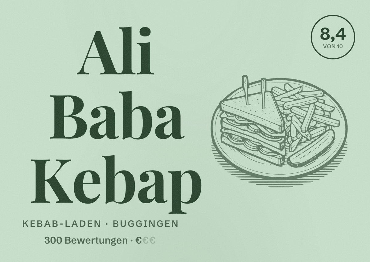 Illustriertes Poster von Ali Baba Kebap, Kebab-Laden in Buggingen: Bewertung 8,4 von 10 aus 300 Bewertungen, Preisniveau €