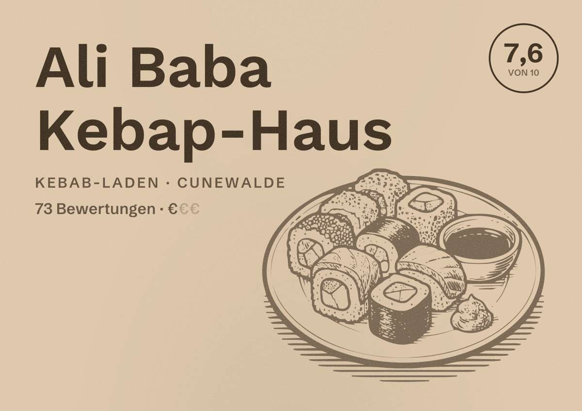 Illustriertes Poster von Ali Baba Kebap-Haus, Kebab-Laden in Cunewalde: Bewertung 7,6 von 10 aus 73 Bewertungen, Preisniveau €