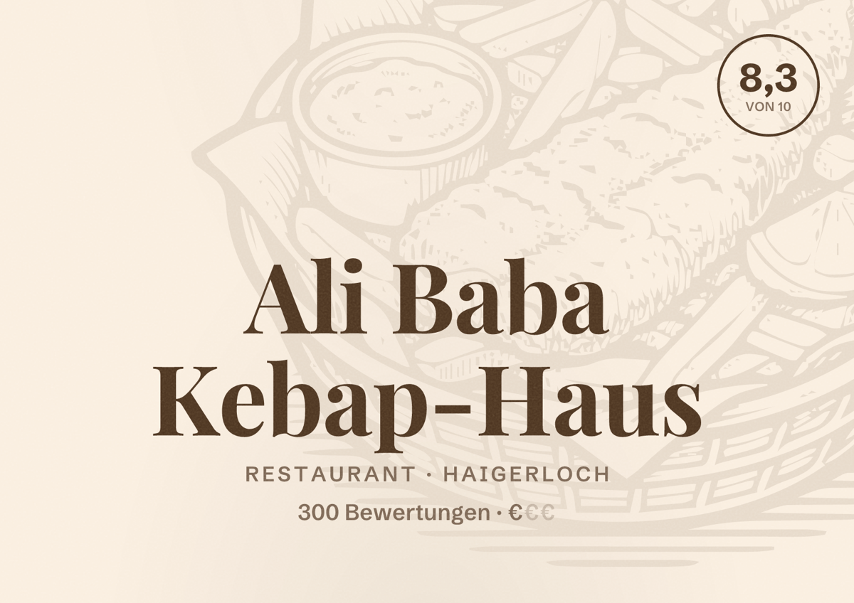 Illustriertes Poster von Ali Baba Kebap-Haus, Restaurant in Haigerloch: Bewertung 8,3 von 10 aus 300 Bewertungen, Preisniveau €