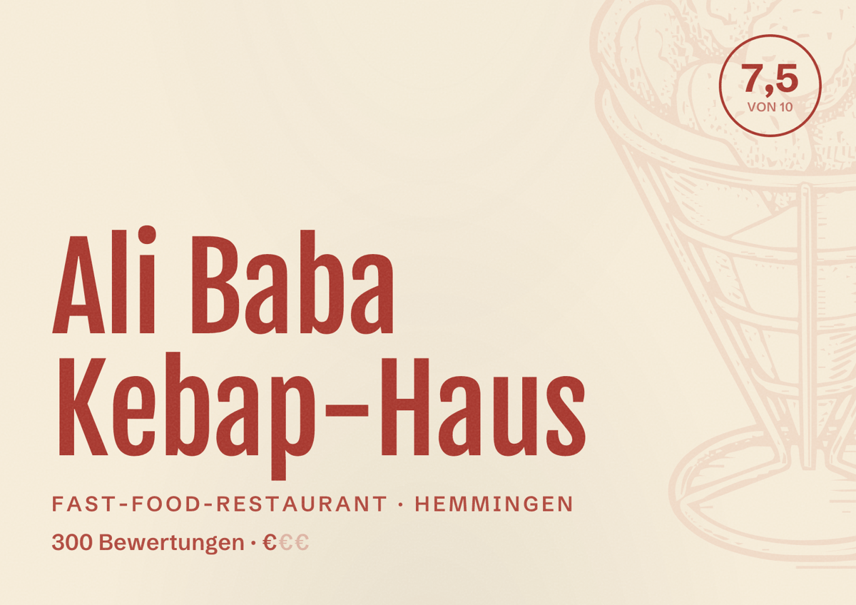 Illustriertes Poster von Ali Baba Kebap-Haus, Fast-Food-Restaurant in Hemmingen: Bewertung 7,5 von 10 aus 300 Bewertungen, Preisniveau €