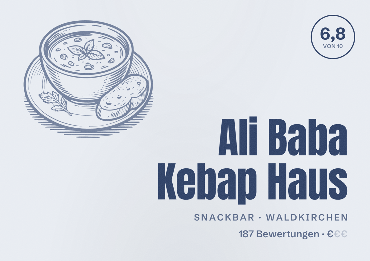 Illustriertes Poster von Ali Baba Kebap Haus, Snackbar in Waldkirchen: Bewertung 6,8 von 10 aus 187 Bewertungen, Preisniveau €