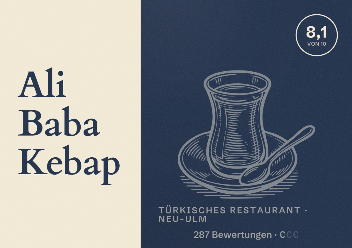 Illustriertes Poster von Ali Baba Kebap, Türkisches Restaurant in Neu-Ulm: Bewertung 8,1 von 10 aus 287 Bewertungen, Preisniveau €