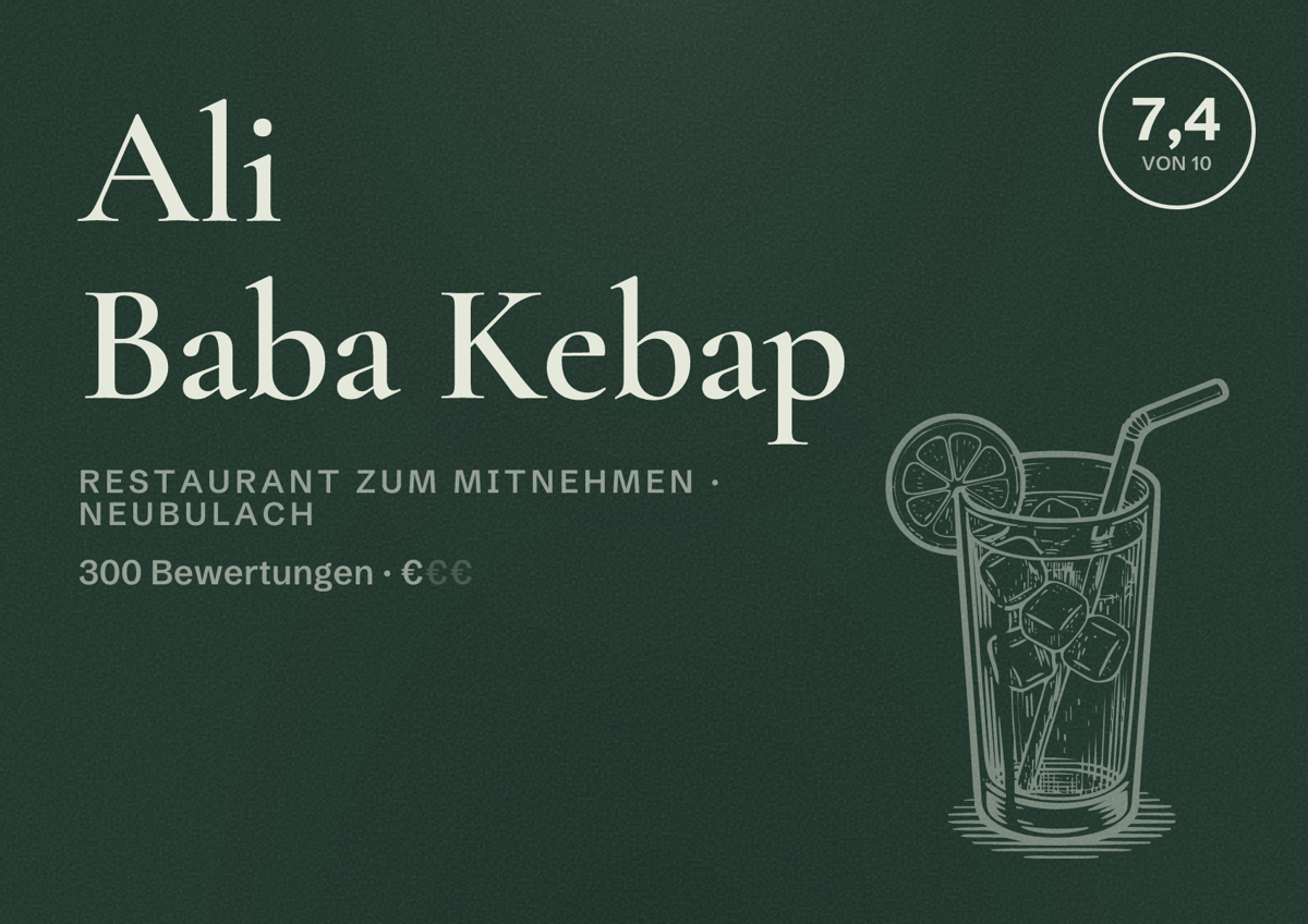 Illustriertes Poster von Ali Baba Kebap, Restaurant zum Mitnehmen in Neubulach: Bewertung 7,4 von 10 aus 300 Bewertungen, Preisniveau €