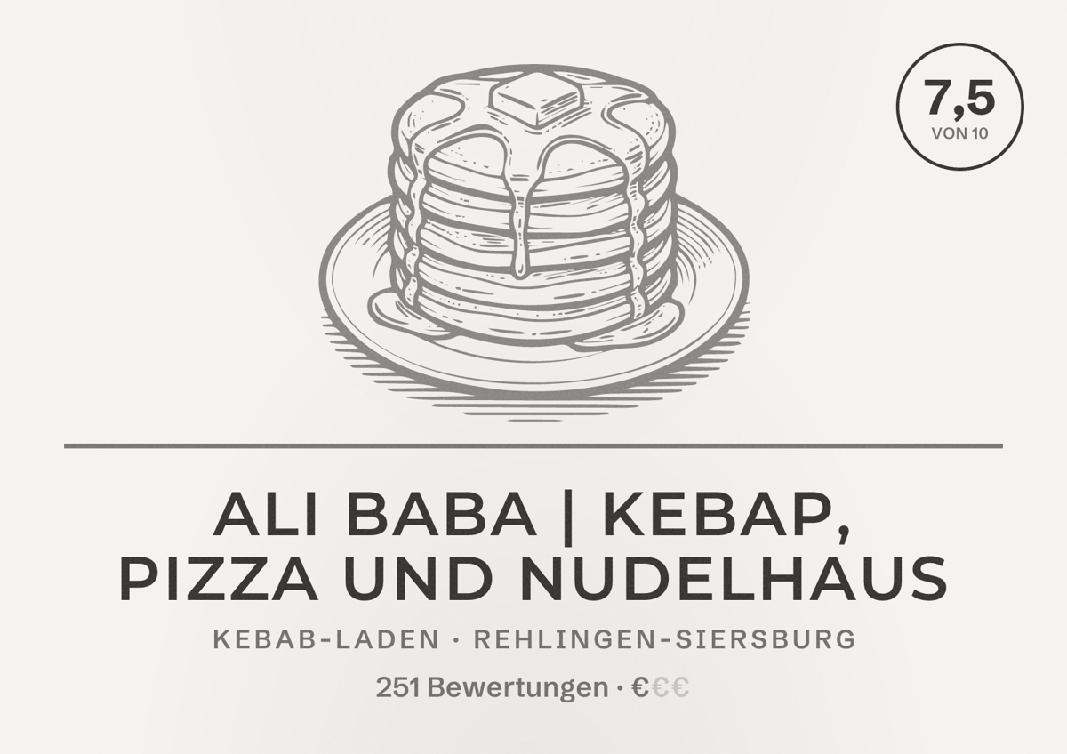 Illustriertes Poster von Ali Baba | Kebap, Pizza und Nudelhaus, Kebab-Laden in Rehlingen-Siersburg: Bewertung 7,5 von 10 aus 251 Bewertungen, Preisniveau €