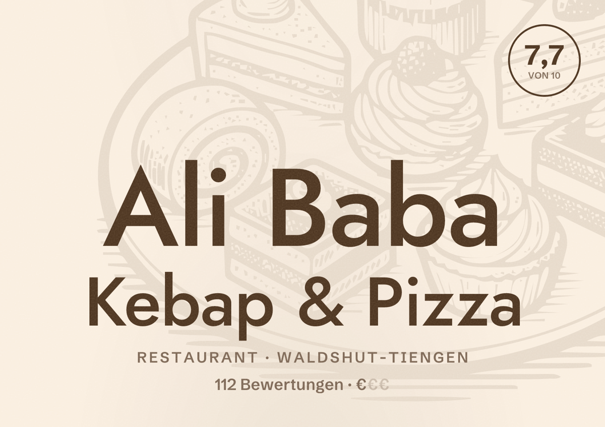 Illustriertes Poster von Ali Baba Kebap & Pizza, Restaurant in Waldshut-Tiengen: Bewertung 7,7 von 10 aus 112 Bewertungen, Preisniveau €