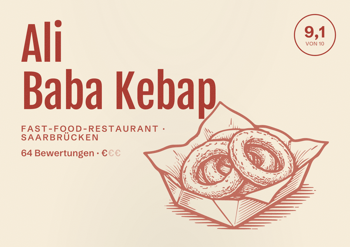 Illustriertes Poster von Ali Baba Kebap, Fast-Food-Restaurant in Saarbrücken: Bewertung 9,1 von 10 aus 64 Bewertungen, Preisniveau €