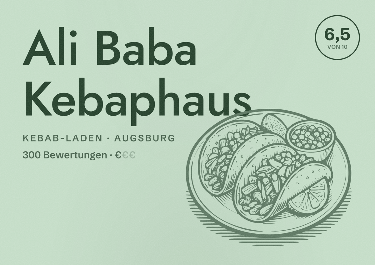 Illustriertes Poster von Ali Baba Kebaphaus, Kebab-Laden in Augsburg: Bewertung 6,5 von 10 aus 300 Bewertungen, Preisniveau €