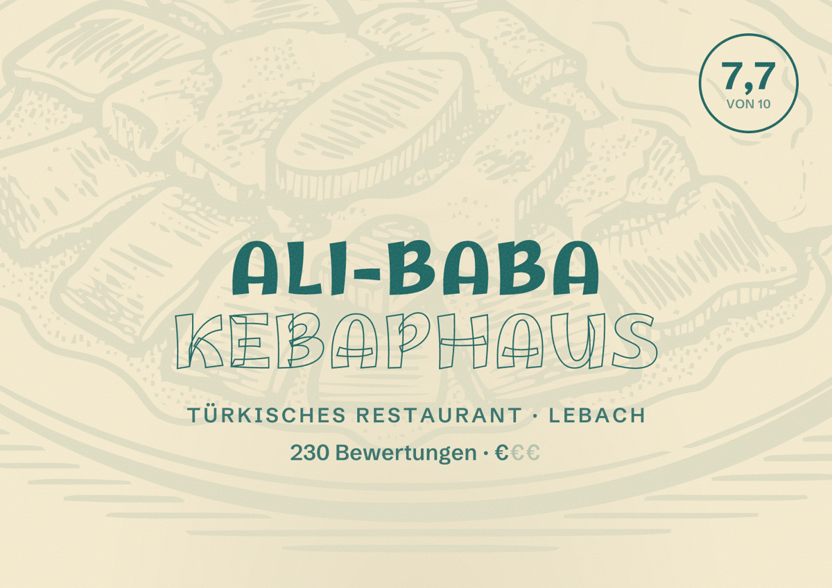 Illustriertes Poster von Ali-Baba Kebaphaus, Türkisches Restaurant in Lebach: Bewertung 7,7 von 10 aus 230 Bewertungen, Preisniveau €