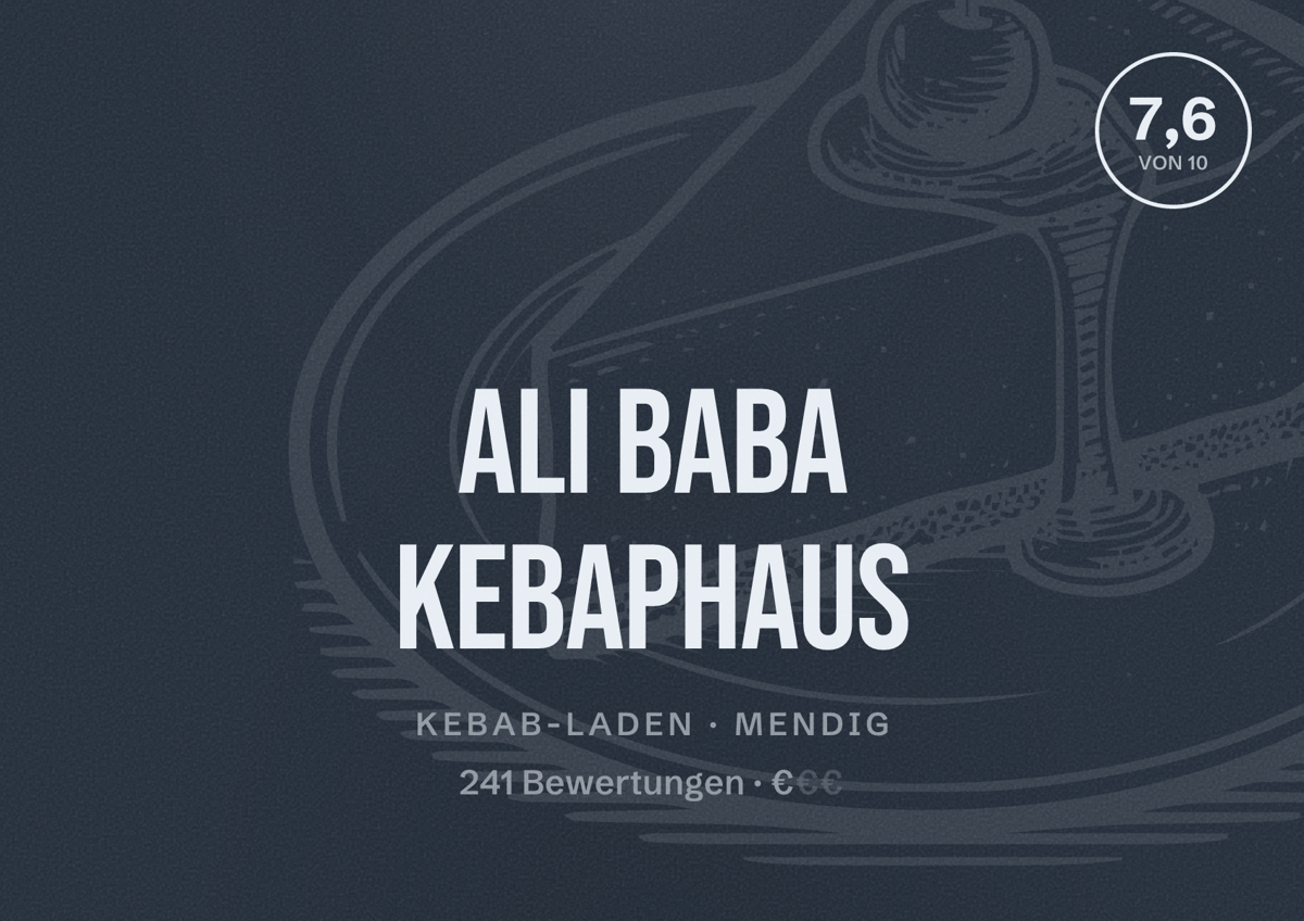 Illustriertes Poster von Ali Baba Kebaphaus, Kebab-Laden in Mendig: Bewertung 7,6 von 10 aus 241 Bewertungen, Preisniveau €