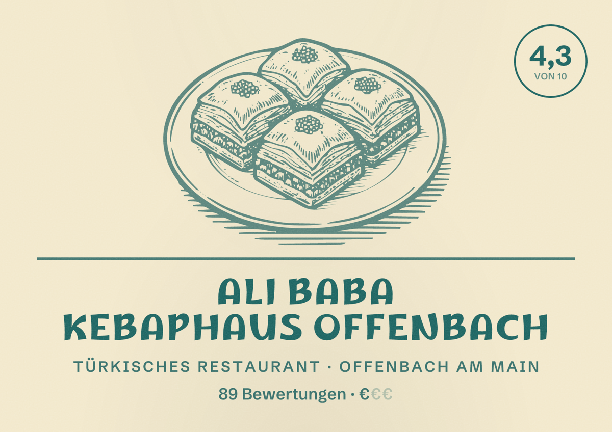 Illustriertes Poster von Ali Baba Kebaphaus Offenbach, Türkisches Restaurant in Offenbach am Main: Bewertung 4,3 von 10 aus 89 Bewertungen, Preisniveau €
