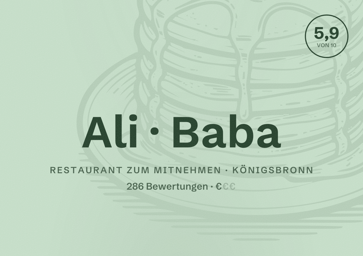 Illustriertes Poster von Ali Baba, Restaurant zum Mitnehmen in Königsbronn: Bewertung 5,9 von 10 aus 286 Bewertungen, Preisniveau €