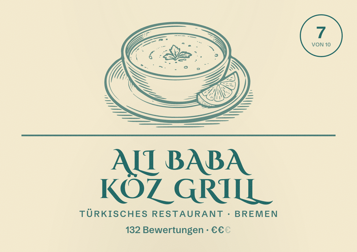 Illustriertes Poster von Ali Baba Köz Grill, Türkisches Restaurant in Bremen: Bewertung 7 von 10 aus 132 Bewertungen, Preisniveau €€