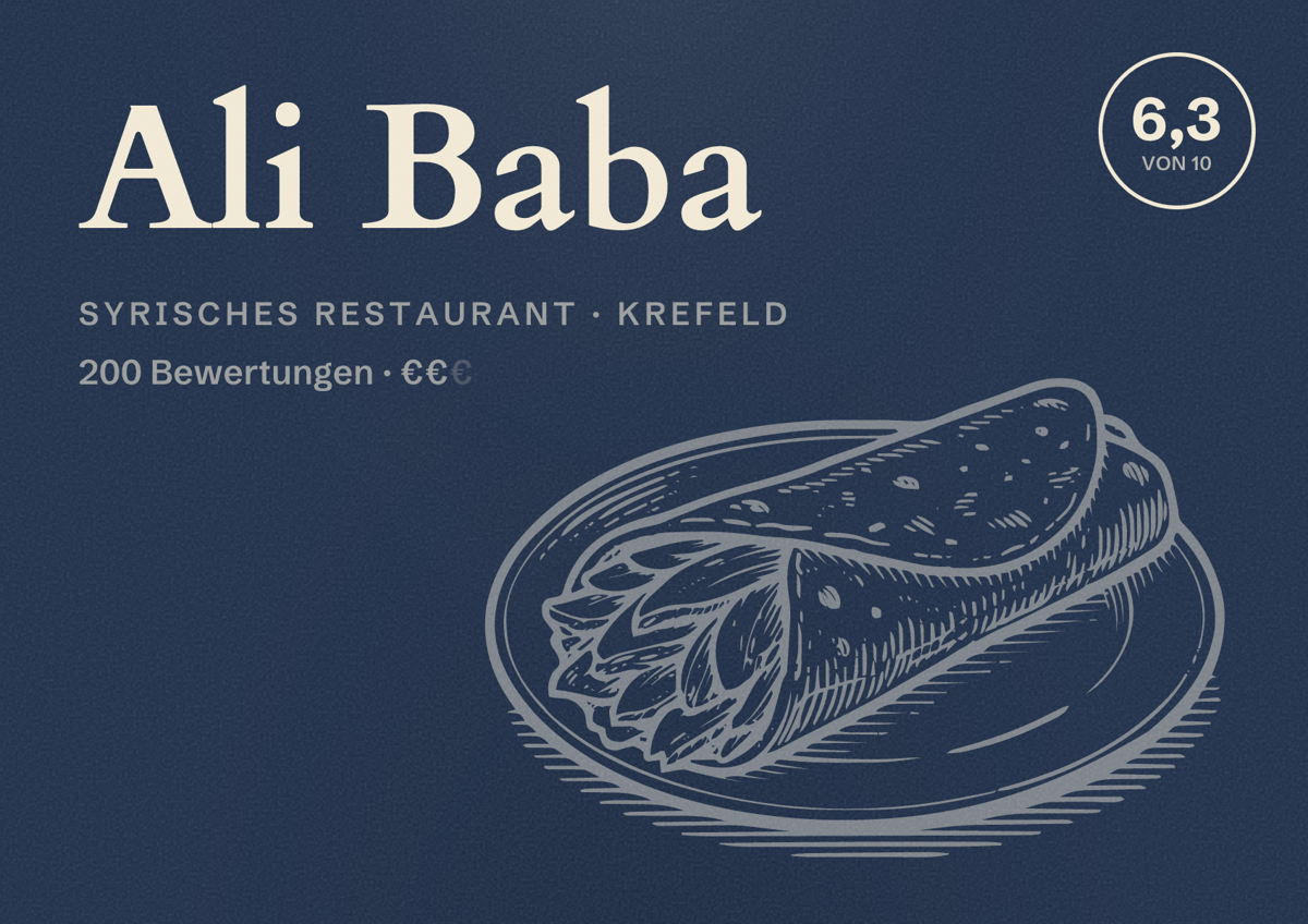 Illustriertes Poster von Ali Baba, Syrisches Restaurant in Krefeld: Bewertung 6,3 von 10 aus 200 Bewertungen, Preisniveau €€