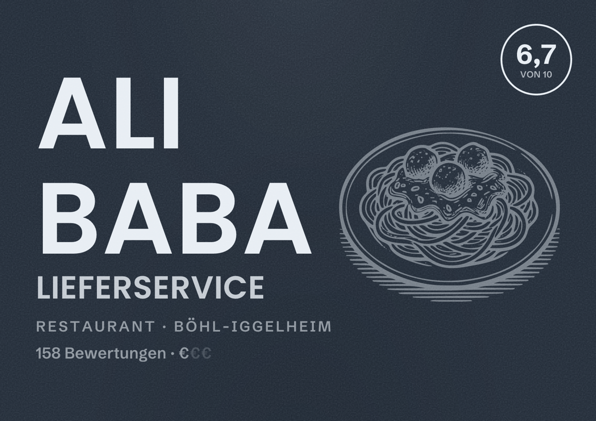 Illustriertes Poster von Ali Baba Lieferservice, Restaurant in Böhl-Iggelheim: Bewertung 6,7 von 10 aus 158 Bewertungen, Preisniveau €