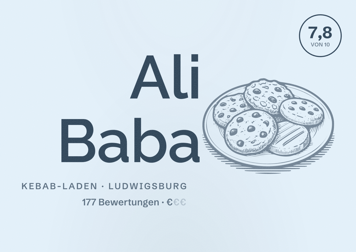 Illustriertes Poster von Ali Baba, Kebab-Laden in Ludwigsburg: Bewertung 7,8 von 10 aus 177 Bewertungen, Preisniveau €