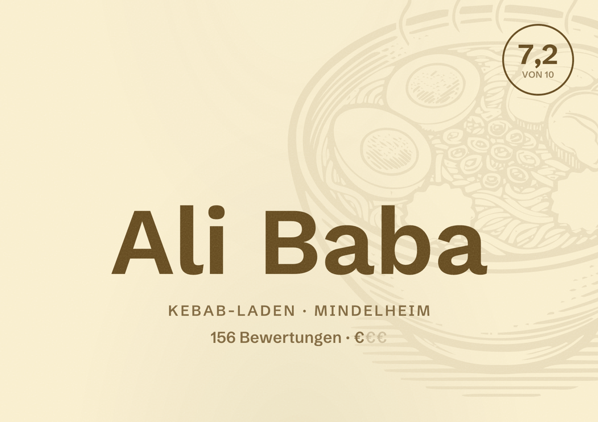 Illustriertes Poster von Ali Baba, Kebab-Laden in Mindelheim: Bewertung 7,2 von 10 aus 156 Bewertungen, Preisniveau €