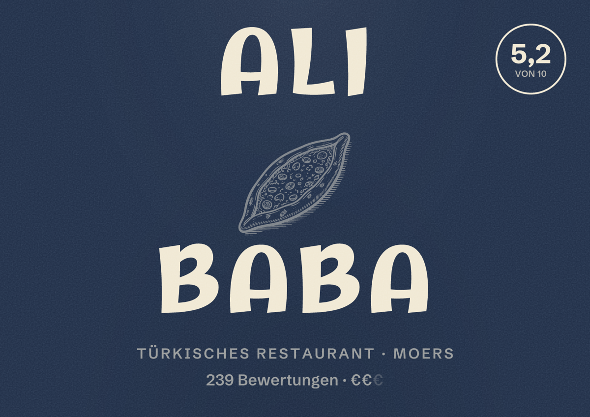 Illustriertes Poster von Ali Baba, Türkisches Restaurant in Moers: Bewertung 5,2 von 10 aus 239 Bewertungen, Preisniveau €€