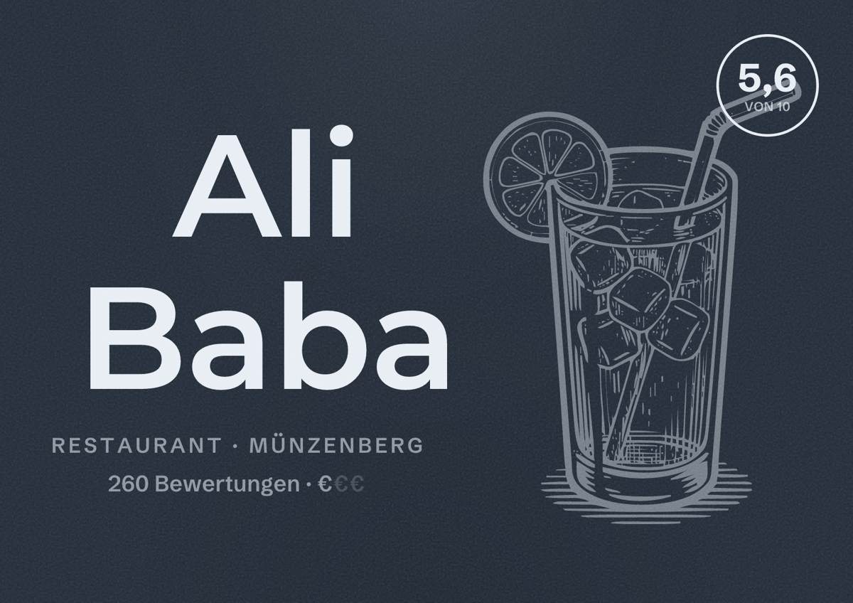 Illustriertes Poster von Ali Baba, Restaurant in Münzenberg: Bewertung 5,6 von 10 aus 260 Bewertungen, Preisniveau €