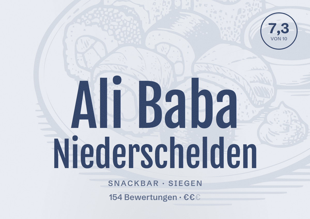 Illustriertes Poster von Ali Baba Niederschelden, Snackbar in Siegen: Bewertung 7,3 von 10 aus 154 Bewertungen, Preisniveau €€