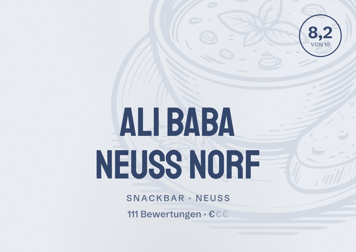 Illustriertes Poster von Ali Baba Neuss Norf, Snackbar in Neuss: Bewertung 8,2 von 10 aus 111 Bewertungen, Preisniveau €