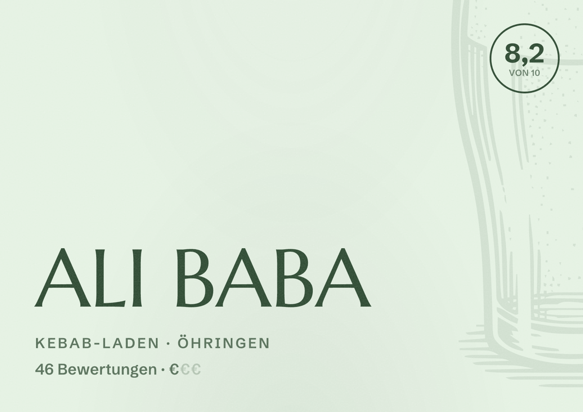 Illustriertes Poster von ALI BABA, Kebab-Laden in Öhringen: Bewertung 8,2 von 10 aus 46 Bewertungen, Preisniveau €