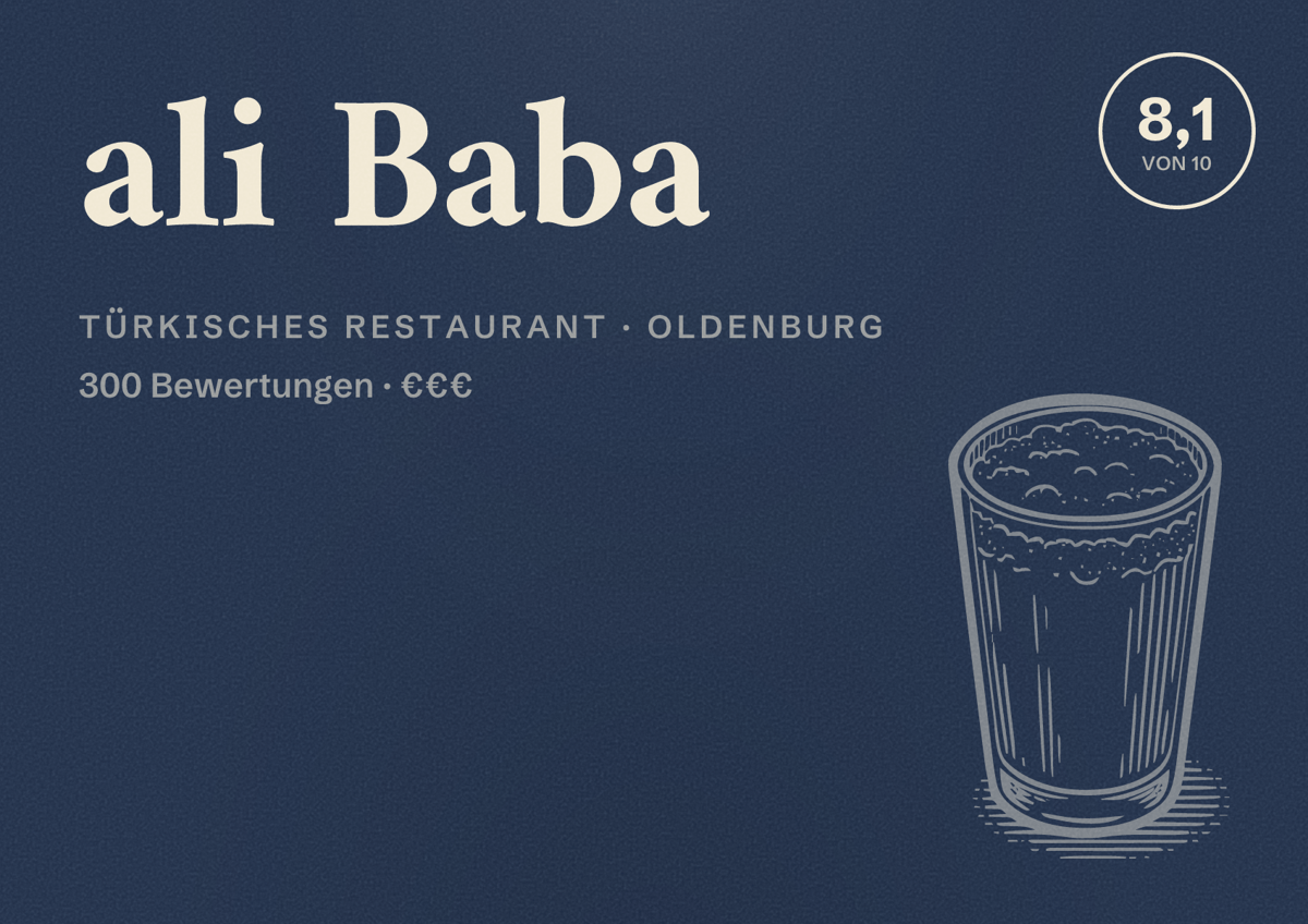 Illustriertes Poster von ali Baba, Türkisches Restaurant in Oldenburg: Bewertung 8,1 von 10 aus 300 Bewertungen, Preisniveau €€€