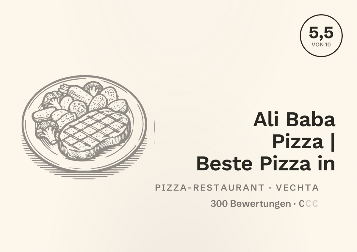 Illustriertes Poster von Ali Baba Pizza | Beste Pizza in, Pizza-Restaurant in Vechta: Bewertung 5,5 von 10 aus 300 Bewertungen, Preisniveau €