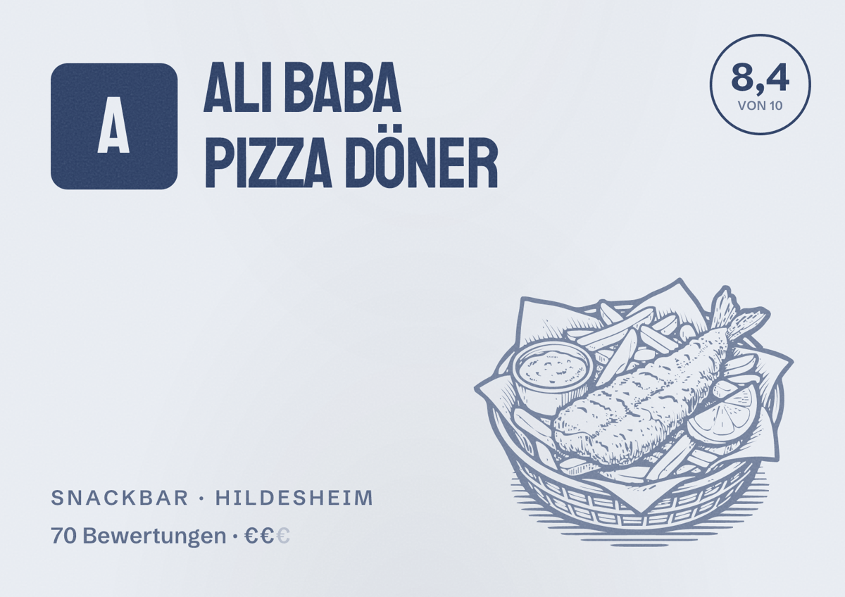 Illustriertes Poster von ALI BABA PIZZA DÖNER, Snackbar in Hildesheim: Bewertung 8,4 von 10 aus 70 Bewertungen, Preisniveau €€