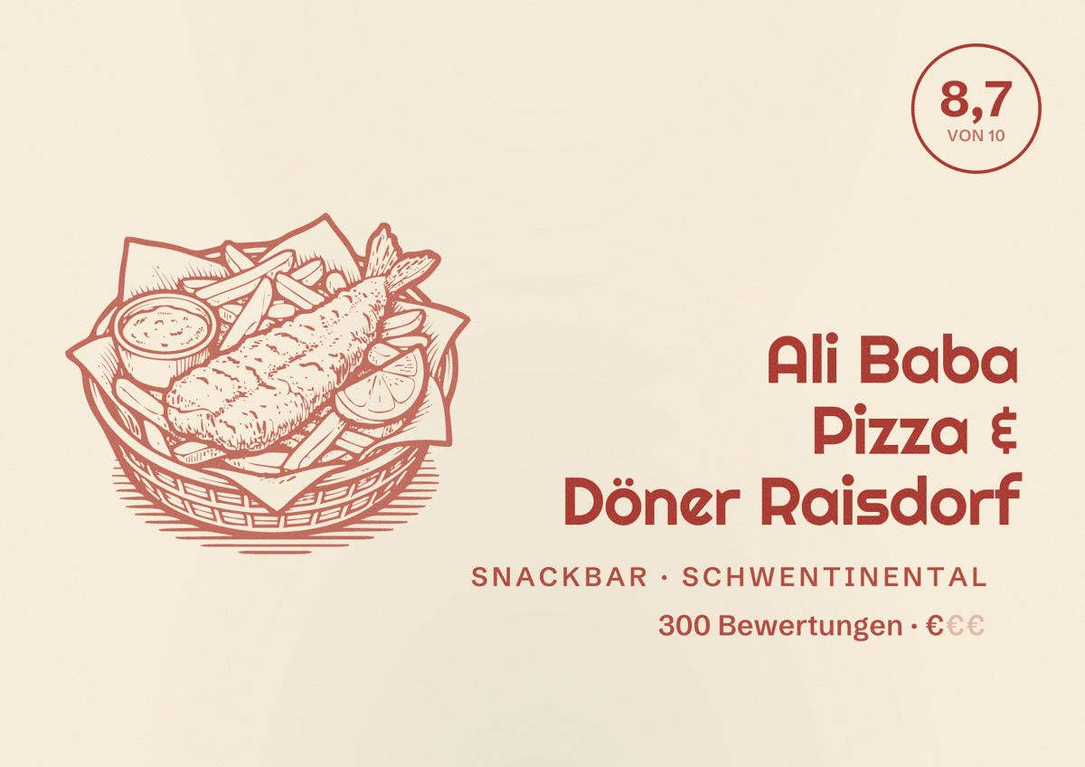 Illustriertes Poster von Ali Baba Pizza & Döner Raisdorf, Snackbar in Schwentinental: Bewertung 8,7 von 10 aus 300 Bewertungen, Preisniveau €