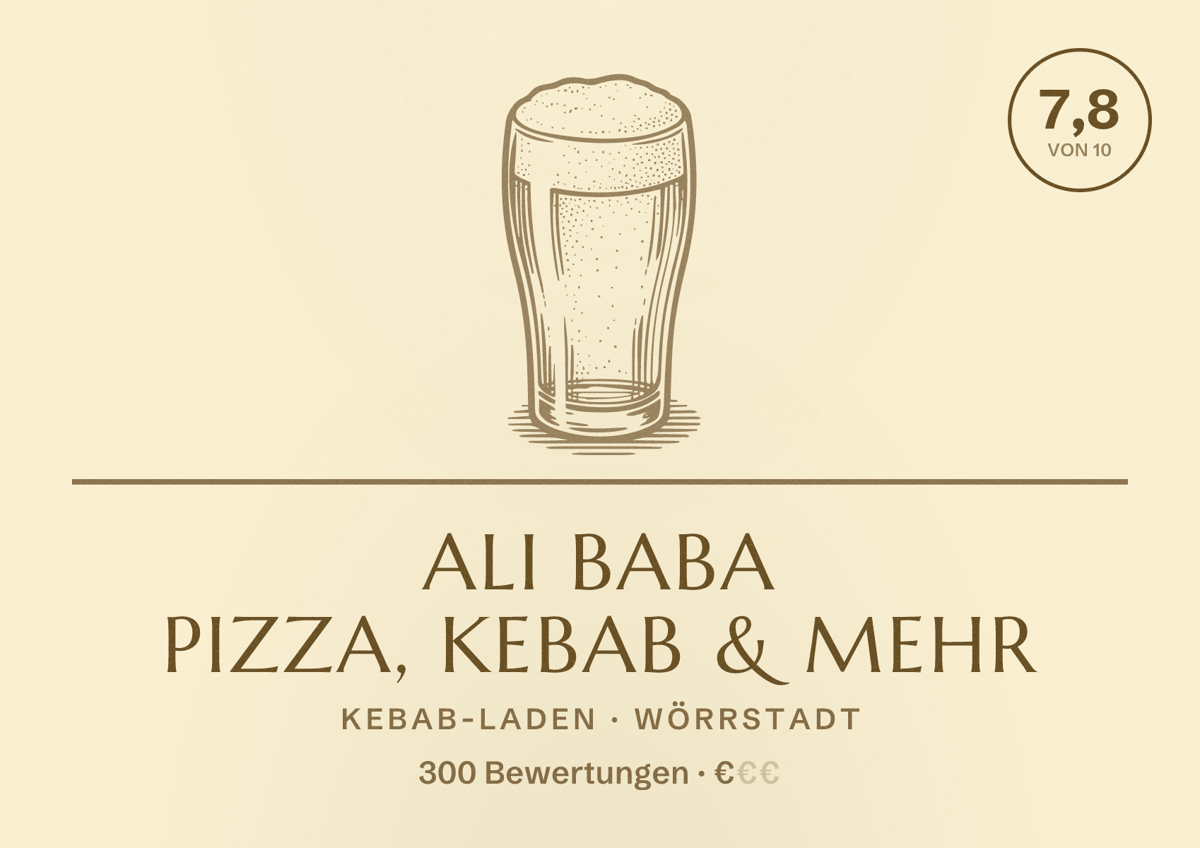 Illustriertes Poster von Ali Baba Pizza, Kebab & mehr, Kebab-Laden in Wörrstadt: Bewertung 7,8 von 10 aus 300 Bewertungen, Preisniveau €
