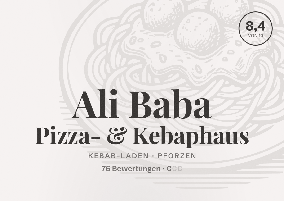 Illustriertes Poster von Ali Baba Pizza- & Kebaphaus, Kebab-Laden in Pforzen: Bewertung 8,4 von 10 aus 76 Bewertungen, Preisniveau €