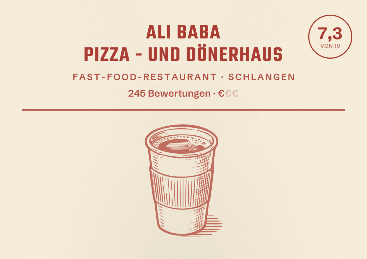 Illustriertes Poster von Ali Baba Pizza - und Dönerhaus, Fast-Food-Restaurant in Schlangen: Bewertung 7,3 von 10 aus 245 Bewertungen, Preisniveau €